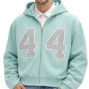 Wholesale Custom Rhinestone Zip Up Hoodies Heavyweight 400gsm Cotton Boxy Fit Streetwear <b>Top</b> Quality Men Hoodie Manufacturer - Product Image 3