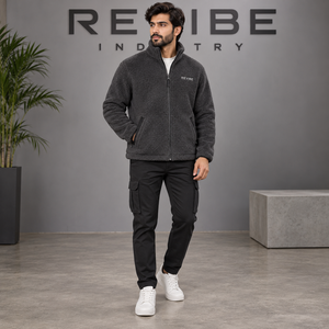 Custom <b>Mens</b> Charcoal <b>Sherpa</b> <b>Fleece</b> Jacket Stand Collar Eco-Friendly Breathable 100% Cotton Warm Winter Outerwear Casual Urban - Product Image 4