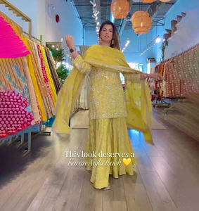 Nouvel ensemble Sharara de créateur pour fête d'été avec dupatta en soie Chinon, infroissable, séchage rapide, réversible, longueur genou, style indien pakistanais - Product Image 1