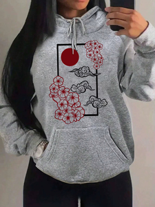 Sudaderas con Capucha para Mujer, Nueva Calidad, Estilo Harajuku Japonés, Estampado de Flores de Cerezo al Atardecer, Sudadera Holgada con Bolsillos para Otoño, Ropa Casual - Product Image 6