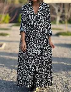 Vestido Camisero Largo para Mujer, con Estampado Digital de Bloques de Color, Ecológico, Lavable, de Manga Larga y Botones - Product Image 1