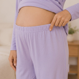 Conjunto de Pijama de Maternidad de Manga Larga con Cuello en V, Holgado, Transpirable, de Punto, Color Liso Morado, Ropa de Dormir con Acceso para Lactancia - Product Image 6