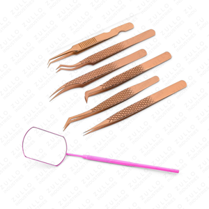 Gold Plated Eyelash Extension Mirror Tweezers Stainless Steel Straight & Curved Sharp Pointed Tip Lash <b>Tool</b> Set Wholesale Price - Product Image 6