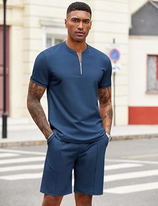 Conjunto de pantalones cortos y camiseta de manga corta de punto de secado rápido de color sólido informal de verano para hombre, color azul - Product Image 1