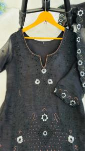 2026 O-Neck Solid Woven Currency Silk Cute 3-Piece Knee-Length Work Kurti Plazzo Dupatta Full Sleeves Waist <b>Elastic</b> <b>Belt</b> - Product Image 6