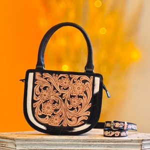 2026 New Arrival Hand <b>Tooled</b> Florals Carving With Black & White Hair Fur 100% Genuine <b>Leather</b> Saddle Hand Bags For Women & Girls - Product Image 2