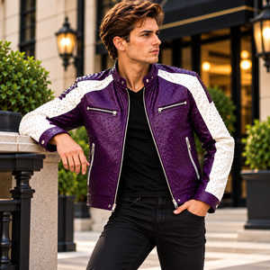 <b>Men's</b> <b>Purple</b> Ostrich Leather Biker Jacket – Giacca in Pelle Premium da Uomo con Borchie e Design Moto - Product Image 6