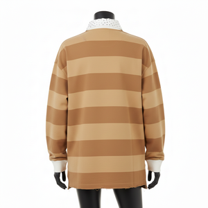 Camiseta de Rugby para Mujer, Tejido Jersey de Algodón Grueso de 260 GSM, Color Marrón Beige con Paneles a Rayas, Logotipo con Pedrería, Personalizada - Product Image 2