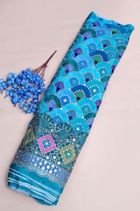 Tissu imprimé géométrique bleu aqua avec motifs miroir et bordure épaisse pour la confection de Kurtis – Vêtements ethniques de créateur - Product Image 5