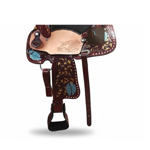 Western Brown Leather Floral <b>Hand</b> Carved Leaf Designed Barrel Horse Racing Saddle Black Suede Seat SS Fitting 10" to 18" Inch - Product Image 2