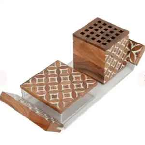 Quemador de incienso de madera artesanal, juego de quemador de incienso árabe Oud con bandeja, soporte de incienso tradicional, decoración para el hogar, regalo. - Product Image 1