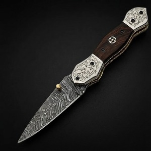 Couteau pliant artisanal DIY en acier Damas à lame coulissante, avec étui en cuir OEM, pour la chasse, le camping et la survie, lame Drop Point - Product Image 2