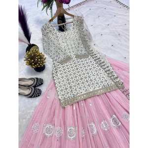 Lehenga de soirée fait main, magnifique, coupe trapèze, avec dupatta fantaisie, taille empire, en tissu organza - Product Image 4