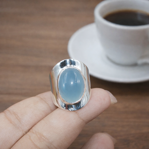 Blue Chalcedony Oval Cabochon <b>Ring</b> 925 Sterling <b>Silver</b> Wide Band Statement <b>Ring</b> Minimalist Handmade Jewelry Gift for Him <b>Men</b> Her - Product Image 5