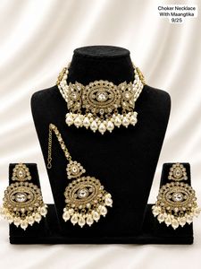 Gold Plated Zinc Alloy Choker Necklace Maangtika Earring <b>Set</b> Imitation <b>Pearl</b> Channel Setting for Women Wedding <b>Jewelry</b> - Product Image 5