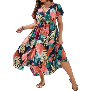 Women's Plus Size Boho Hawaiian Tropical Dresses V Neck Short Sleeve Floral A Line Long Dress Vacation Beach Outfits - Product Image 1