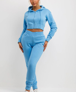 Conjunto de Sudadera con Capucha Corta y Pantalones de Chándal Cómodos de 2 Piezas para Mujer, con Logotipo Personalizado, Efecto Desgastado, Cierre Completo con Cremallera y Bordado de Toalla - Product Image 3