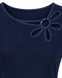 Manufacturer Customized Navy Blue Women Casual Flower Neck T Shirt Soft Breathable Summer <b>Top</b> Short Sleeve Fashion Blouse Outfit - Product Image 5
