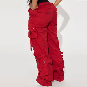 Pantalones Cargo de Cintura Alta para Mujer, Personalizados, Rojos, de Lona, Corte Holgado, Largos, con Bolsillos, Cierre de Botones, Estilo Utilitario, Proveedor OEM - Product Image 5