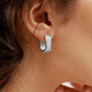 Luxurious 925 <b>Sterling</b> <b>Silver</b> Huggie Earrings Micro-Pav Iced-Out Rectangular Moissanite Hip-Hop Hoop <b>Studs</b> Rose Gold White Gold - Product Image 1
