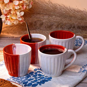 <b>Set</b> of 4 Red and White Ceramic <b>Tea</b> <b>Cups</b> - Product Image 1