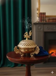 Brûle-encens artisanal en laiton avec finition dragon et couvercle en filigrane pour usage religieux, pièce décorative de style chinois - Product Image 1