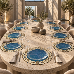 <b>Blue</b> Ivory Chain Border Glass Beaded <b>Placemat</b> Radial Bead Center Modern Design Eco-Friendly Heat Resistant | Luxury Dining Decor - Product Image 2
