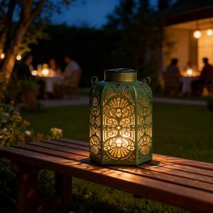 Solar Metal Lantern Outdoor Vintage <b>Moroccan</b> Style Decor Iron Candle Holder Green Patterned <b>Light</b> Garden Patio Home Decoration - Product Image 5