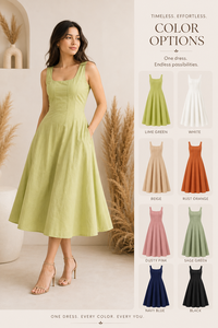 Elegante y Sencillo Vestido Midi Bohemio de Lino Verde Lima sin Mangas con Cuello Cuadrado, Ropa Casual de Verano Ecológica para Mujer - Product Image 3