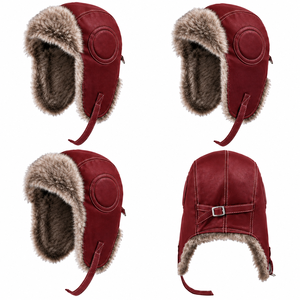 Gorro de esquí de invierno de cuero rojo con forro de piel sintética, gorro cortavientos cálido con protección para los oídos para adultos, uso en exteriores - Product Image 2