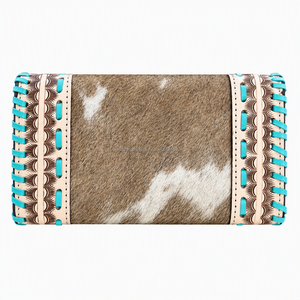 Portefeuille en cuir de vachette pleine fleur de qualité supérieure, style western, avec surpiqûres turquoise |   Portefeuille à main pour femme en cuir véritable travaillé - Product Image 4