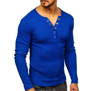 T-shirt en tricot à manches longues pour homme, bleu, col rond, coupe ajustée, couleur unie, style décontracté, longueur normale - Product Image 2