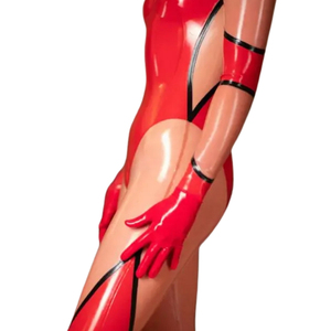 Mono de látex rojo para mujer, sin mangas, largo hasta el suelo, ajustado, para discoteca, con guantes y botas negras - Product Image 6