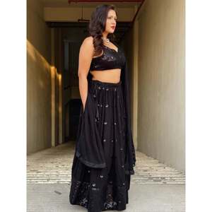 Black <b>Sequin</b> Georgette Strapless Lehenga Choli for Evening Parties - Product Image 3