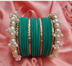 Green Velvet <b>Bangles</b> With Pearl And Gold Accents Women's Jewelry Set - Product Image 4