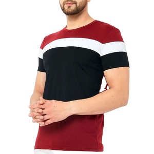 Men's Color Blocked Short Sleeve O-Neck Casual T-Shirt Regular Fit Knitted Contrast Trim Solid <b>Design</b> - Product Image 5