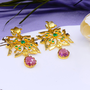 Pendientes colgantes de copo de nieve chapados en oro con amatista y piedras preciosas verdes, joyería vintage para fiesta para mujer - Product Image 5