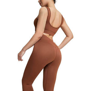 Ensemble de yoga sans couture pour femme, 2 pièces, soutien-gorge de sport côtelé et leggings taille haute, marron uni, tenue de fitness et d'entraînement, ensemble de vêtements de sport, meilleure vente - Product Image 6