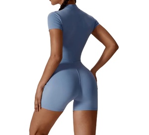 Body de Manga Corta con Cuello Simulado para Mujer, Color Sólido, Alta Calidad, Venta al Por Mayor RTS, Elástico en Cuatro Direcciones, Sin Costuras, Azul AS-YJ-510 - Product Image 2