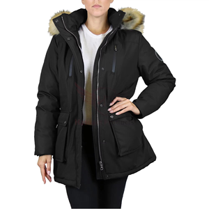Women <b>Black</b> Genuine Leather Breathable Jacket Fur Trim Hood Zipper Closure Long Sleeve Winter Coat Windproof Thick Animal Print - Product Image 1