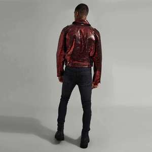 URBANGAZER Men's 100% Polyester Thick Cotton-Filled Leather Jacket Stand Collar <b>Covered</b> <b>Button</b> Patchwork Design Windproof - Product Image 4