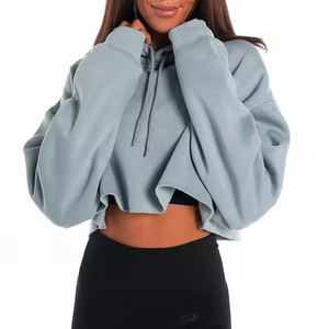 Sweat-shirts à capuche courts pour femmes, tendance, en coton, couleur unie au dos, confortables - Product Image 2