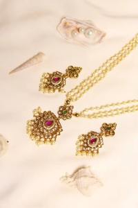 Complete Afghan Bridal Jewelry Set Featuring <b>Ruby</b> And Emerald Rectangular Stone Floral Motif <b>Necklace</b> - Product Image 3