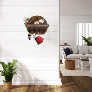 Porte-clés mural avec étagère à fleurs et crochets pour clés, organisateur de courrier, support mural en bois rustique rond - Product Image 2