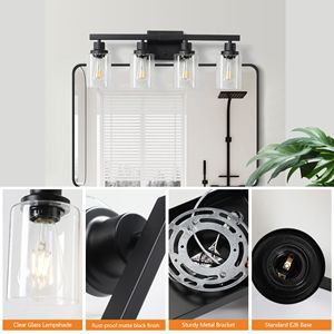 Applique da Parete Industriale Moderna Nera da 24 Pollici a 4 Luci per Bagno con Paralumi in Vetro Trasparente, Specchio e Illuminazione per Vanità - Product Image 5