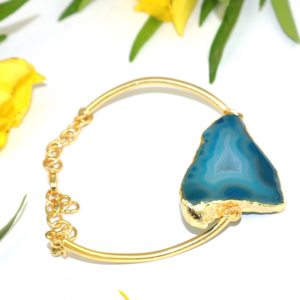 Pulsera de Cristal Curativo Goran Vogue, Moda Étnica, con Rodaja de Ágata Azul Cielo Natural, Chapada en Oro de 18K, Cadena Ajustable de Latón - Product Image 2