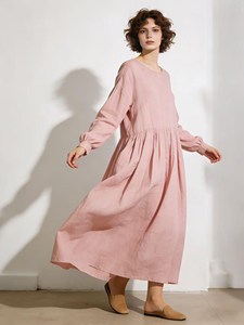 Women Vintage <b>Boho</b> Plain Maxi <b>Dress</b> <b>Long</b> Sleeve Loose Fit Cotton Linen Plain O-Neck Summer Beach <b>Dress</b> - Product Image 5