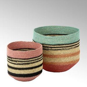 Panier de rangement bohème en jonc de mer tressé à la main, lot de 2, paniers ronds rayés pour le salon ou la buanderie - Product Image 1