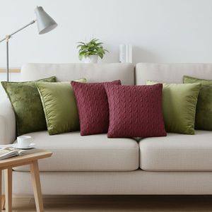 SOGA 6-Piece Pillowcase Set Olive Green and Deep Red <b>Velvet</b> & Cable Knit Decorative <b>Covers</b> Textured <b>Cushion</b> Case Collection - Product Image 2