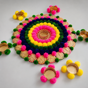 Handmade Multicolor Pom Pom Rangoli candle <b>Holder</b> Set with Golden <b>Tealight</b> Stands for Diwali Wedding and Home Decoration Decor - Product Image 1